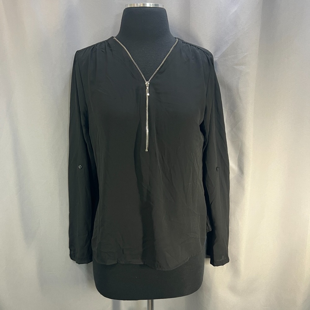 I.N.C. International Concepts Half Zip Blouse Womens Small Black Roll Tab Sleeve